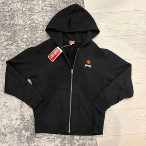 Kenzo Black Zip-Up Hoodie with Orange Logo LARGE